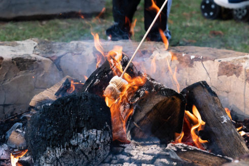 Roasting marshmallows on campfire.