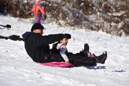 Adult and child on a disc sled on a snowy hillside in the parks.