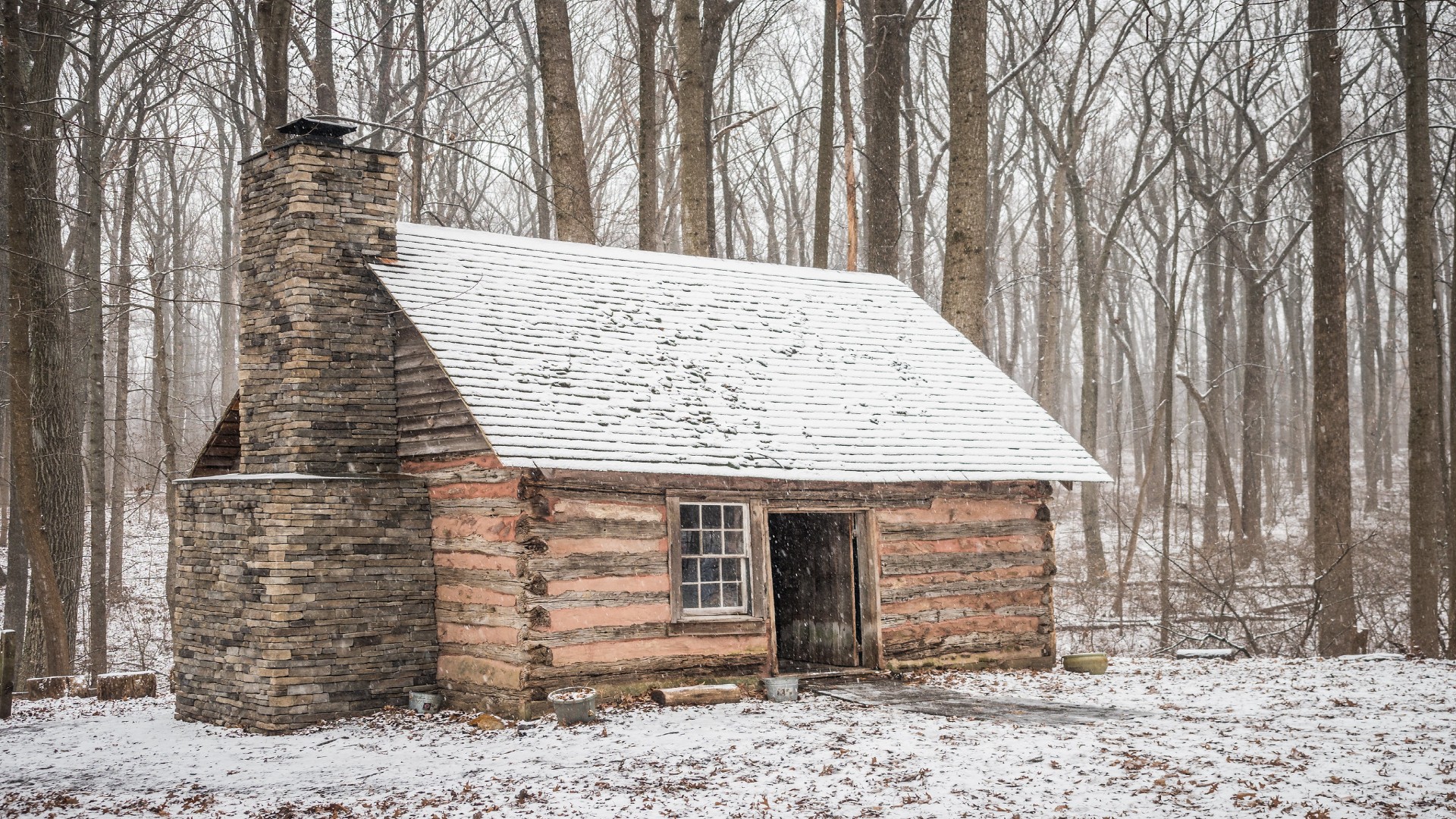 A snowy scene of the Harper Cabin