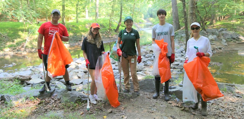 Volunteers cleaning stream with orange bags and a forest in the background
