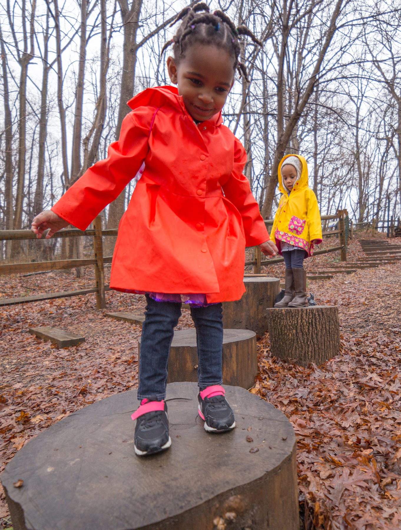 Photo of young girl walking on wood stumps at Locust Grove Nature Center