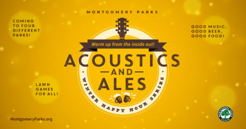 Guitar neck and bubbles with event text: Acoustics and Ales.