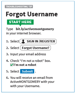 Graphic that explains what to do if you forgot your username on ActiveMontgomery.org