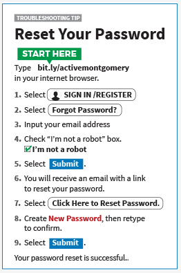 Graphic that explains how to reset your password on ActiveMontgomery.org