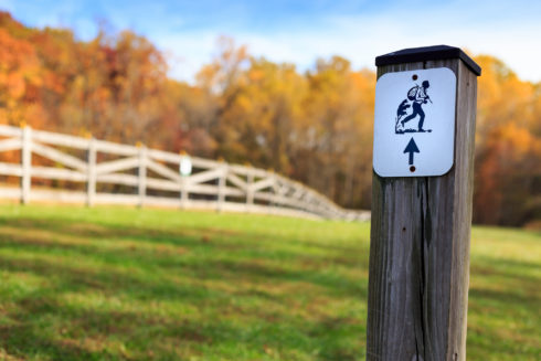 Wooden trail marker with green grass, white fence and trees with colored leaves in the background.