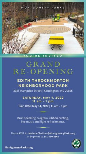 Invitation to Edith Throckmorton Neighborhood Park opening on May 7, 2022 at 11 a.m. 