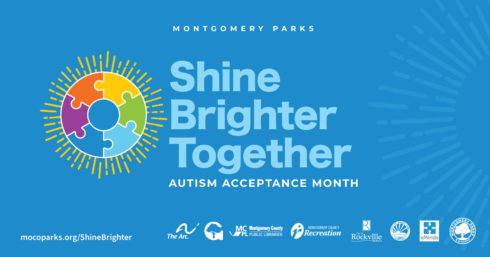 A sun with the center made up of puzzle pieces. Text reads: Shine Brighter Together. Autism Acceptance Month.