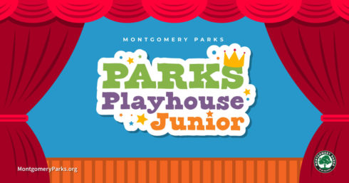 A red curtain pulled back to show a stage and playful text: Parks Playhouse Junior.