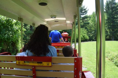 An adult and child ride the miniature train at Wheaton Regional Park.