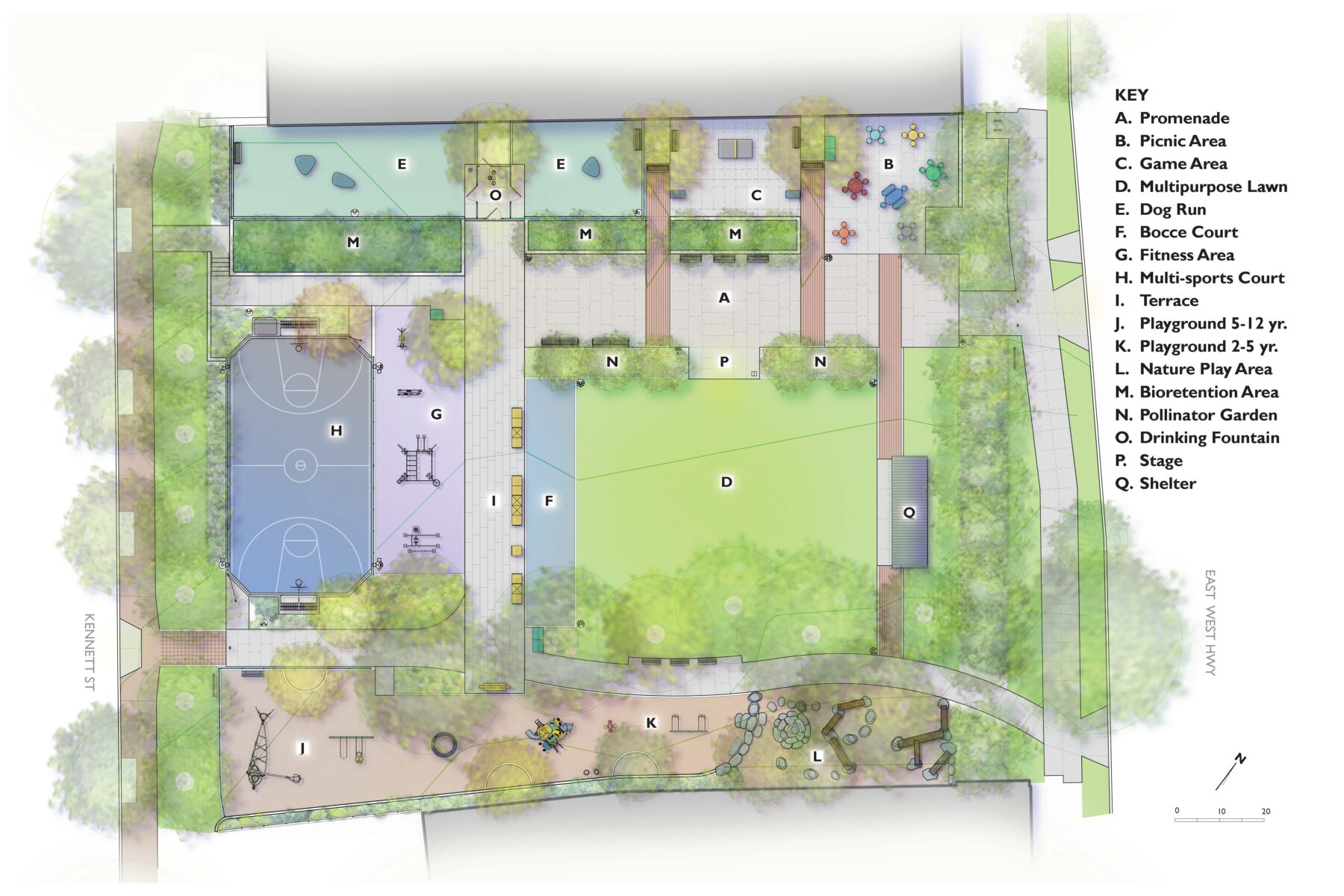 South Silver Spring Park concept plan, including a promenade, picnic area, game area for ping pong and corn hole, multipurpose lawn open space, dog run, bocce court, fitness area, sports court for basketball and court soccer, terrace, playground for 2 to 5 year old and 5 to 12 year olds, a nature play area, bioretention areas, and landscape beds for pollinator-friendly plants, drinking fountain, stage, and shelter.