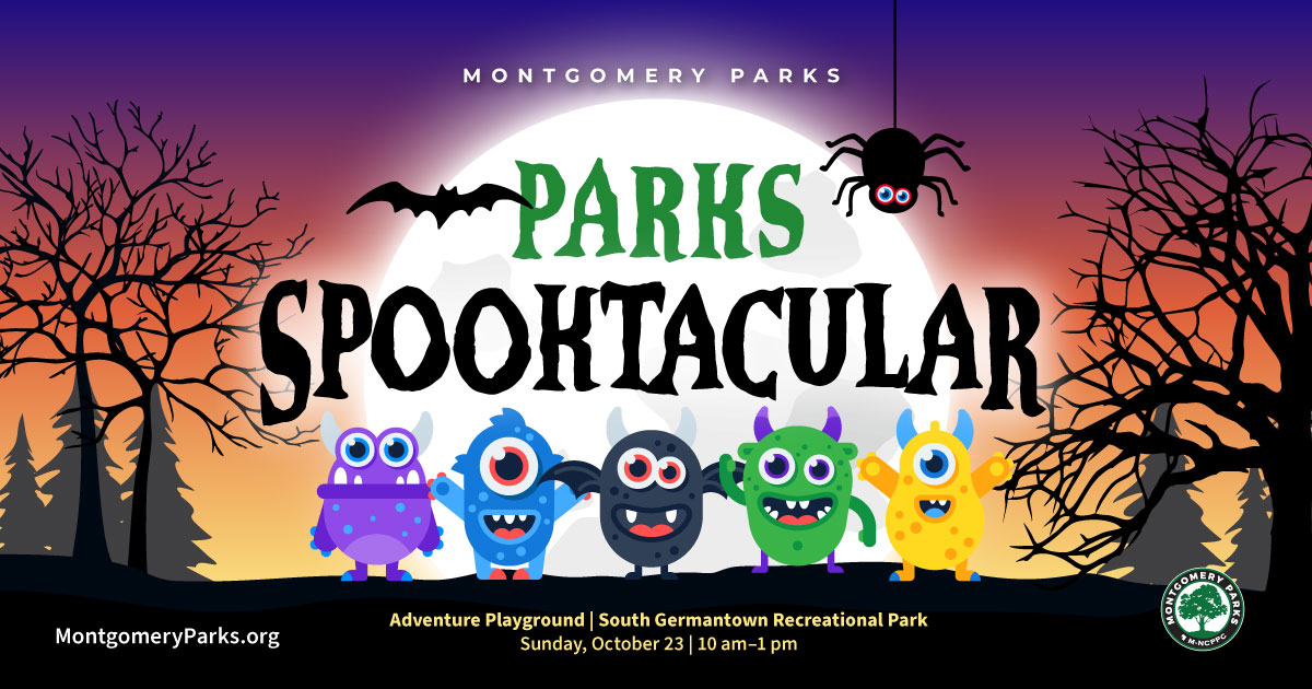 parks spooktacular event graphic with location, time, and date of event decorated with little monsters in a forest landscape with a rising full moon behind them