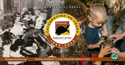 Two photos. A vintage photo shows a police officer showing a taxidermied duck to children sitting around him. The other photo is a contemporary one with children touching a turtle. Text reads: Celebrating Sixty Years. Brookside Nature Center.