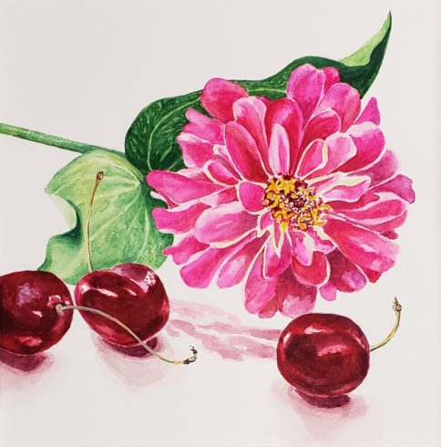 A painting of a flower and cherries