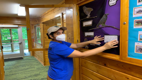 A volunteer is helping to update an information board at Brookside Nature Center