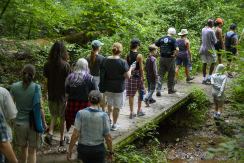 People walk over a foot bridge on a trail in the woods.