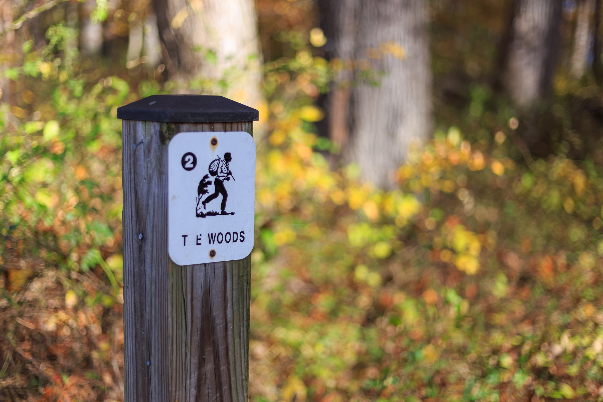 Sign post along Underground Railroad Experience Trail at Woodlawn Manor Cultural Park. It shows a person carrying a heavy load on his back, and there is the word "Brambles."