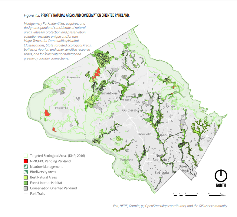 Priority Natural Areas and Conservation Oriented Parkland. Montgomery Parks identifies, acquires, and designates parkland considerate of natural areas value for protection and preservation; valuation includes unique and/or rare Major Terrestrial Communities/Habitat Classifications, State Targeted Ecological Areas, buffers of riparian and other sensitive resource zones, and for forest interior habitat and greenway corridor connections.