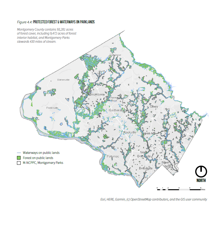Montgomery County contains 93,281 acres of forest cover, including 9,472 acres of forest interior habitat, and Montgomery Parks stewards 430 miles of stream.