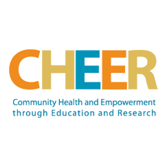 CHEER (community health and empowerment through education and research) logo with alternating colored letters in orange, yellow, and blue