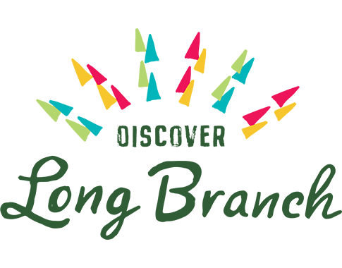 Discover Long Branch organization logo with dark green lettering and colorful triangles bursting from the lettering at the top to mimic a sunburst