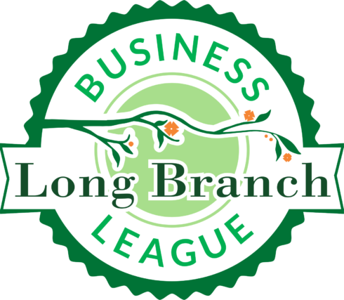 Long Branch Business League circular logo with green and black lettering and a branch with orange buds reaching out across the center
