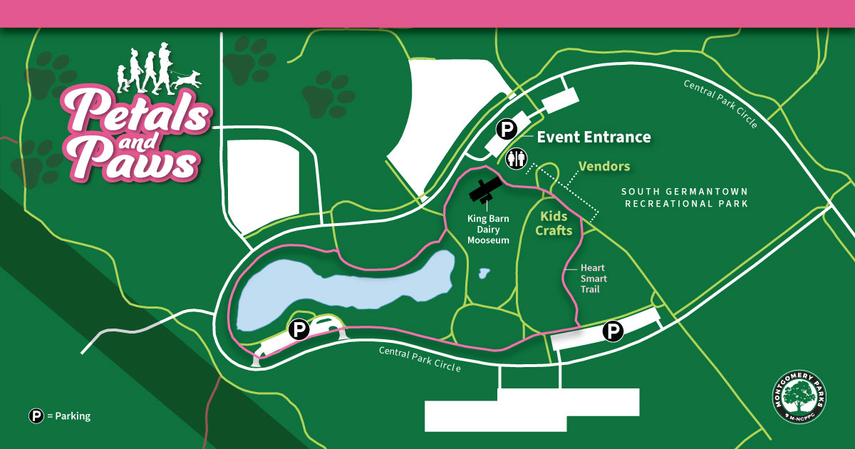 Images shows aerial view of Petals and Paws. P on the map symbolizes Parking, Event Entrance, Vendors, Kids Crafts, King Barn Dairy Mooseum, Heart Smart Trail, Central Park Circle and South Germantown Recreational Park are the various places marked on the map. 