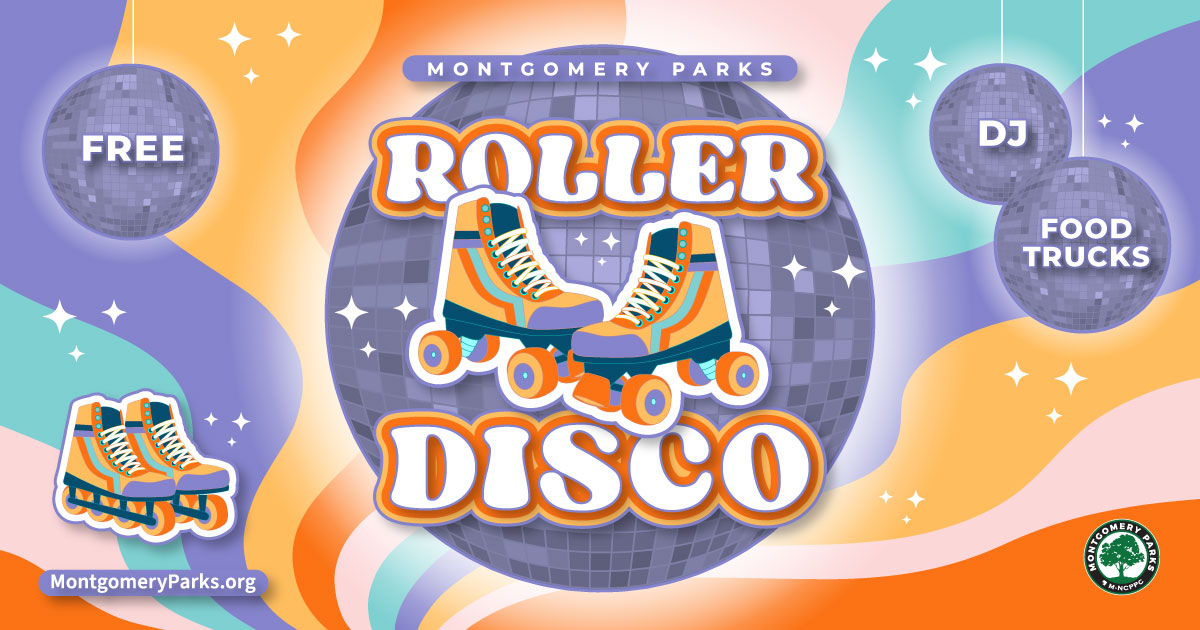 roller disco graphic featuring disco balls and 2 pairs of roller skates