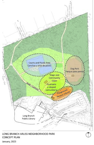 Concept plan map of Long Branch-Arliss Neighborhood Park including Courts and Picnic Area, Long Branch Public Library, Stage and Community Lawn, Dog Park, and Playground.