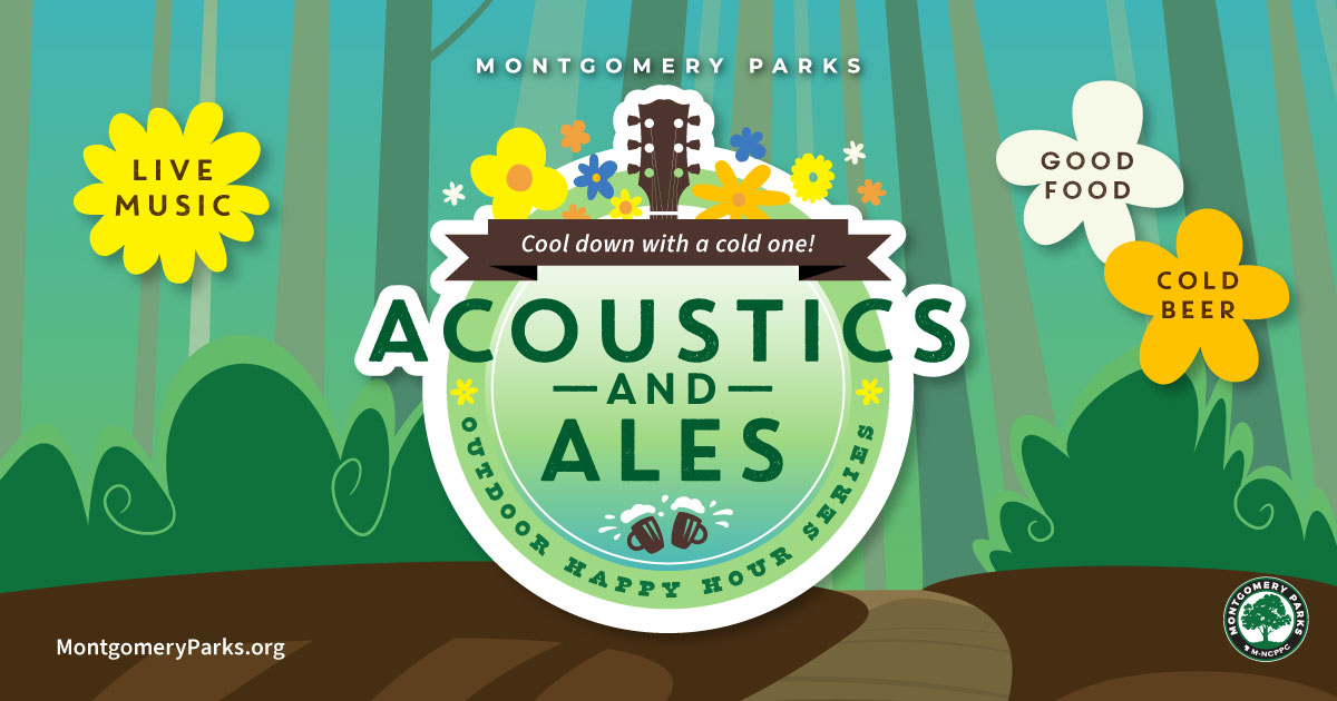 Acoustics and Ales event graphic with 2 flower shapes on the right side that say good food and cold beer and a flower shape on the left side that says live music. Green and blue ombre background with cartoon trees.
