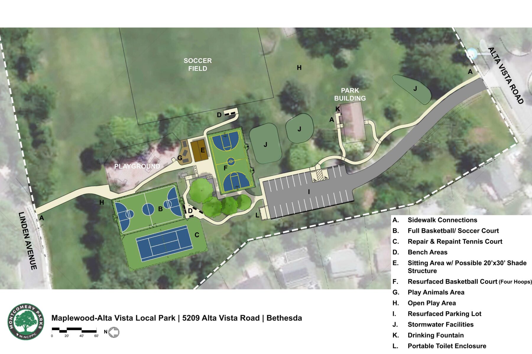 Areal rendering of Maplewood-Alta Vista Local Park renovation concept plan. The image shows where there will be sidewalk connections, a full basketball court and soccer court, a renovated tennis court, benches and sitting area, a renovated full basketball court with 4 hoops, play animal area, open area, resurfaced parking lot, stormwater facilities, drinking fountain, and portable toilet enclosure.