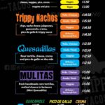 The trippy taco food truck menu with options of tacos, nachos, quesadillas, and mulitas. All can be made with chicken, steak, marinated pork, or veggies, only tacos have vegan option. All made with fresh ingredients and a variety of toppings such as cheese, lettuce, cilantro, jalapenos, and their trippy sauce. Also offer sides of guacamole, pico de gallo, cream, and chips