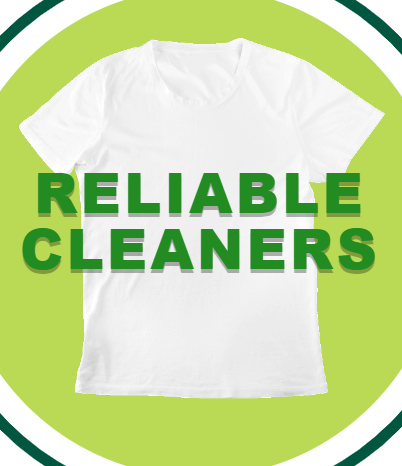 reliable cleaners business logo with white t shirt in middle