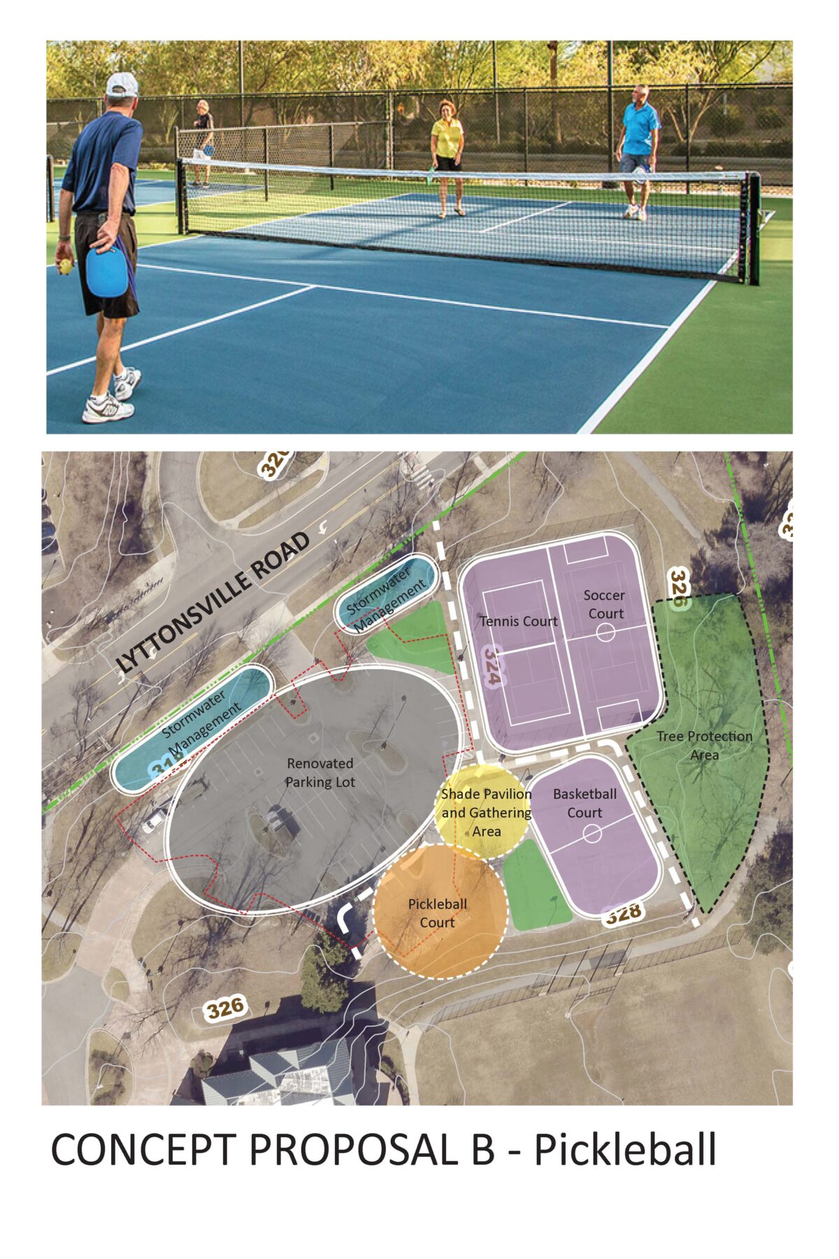 Image of people playing on a pickleball court. Image of a map of Rosemary Hills - Lyttonsville Local Park with locations of new amenities such as include a pickleball court, shade pavilion, and updated courts