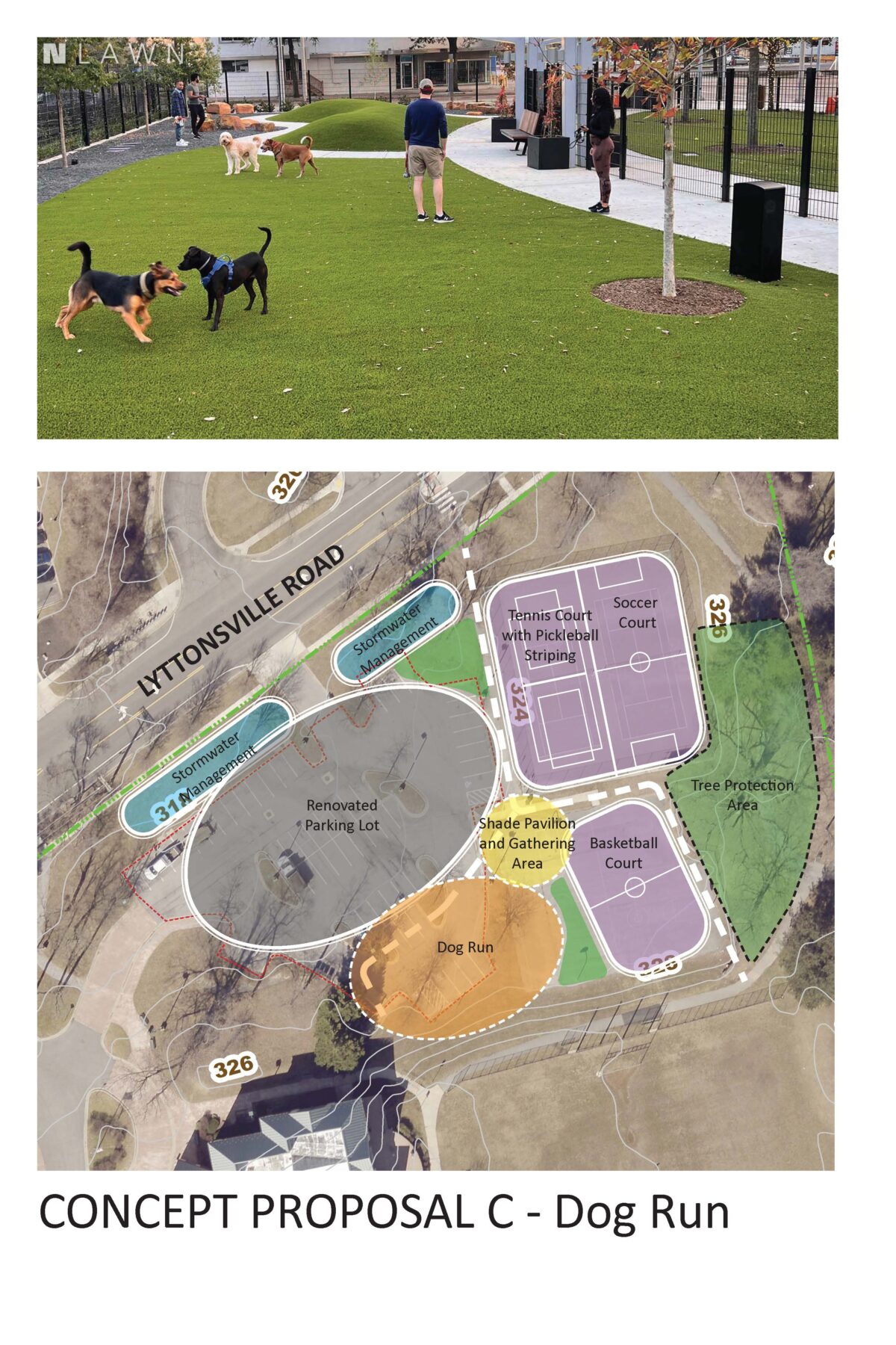 Image of dogs in a dog park. Image of a map of Rosemary Hills - Lyttonsville Local Park with locations of new amenities such as a a dog run, shade pavilion, and updated courts