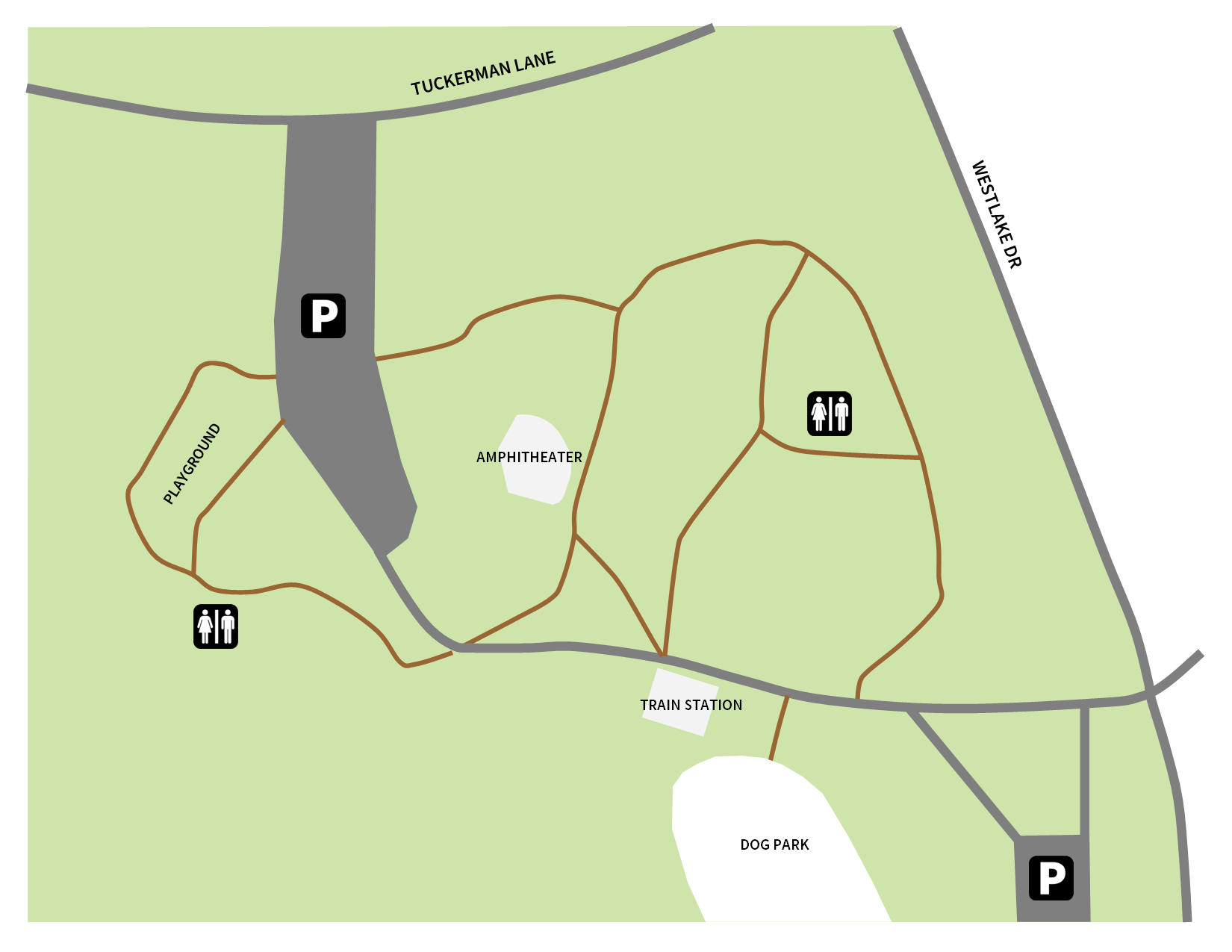 Images shows aerial view of Cabin John Regional Park. P on the map symbolizes Parking available at two entrance points, one on Tuckerman Lane and one of West Lake Drive, available restrooms, train station, enclosed dog park, and playground. 