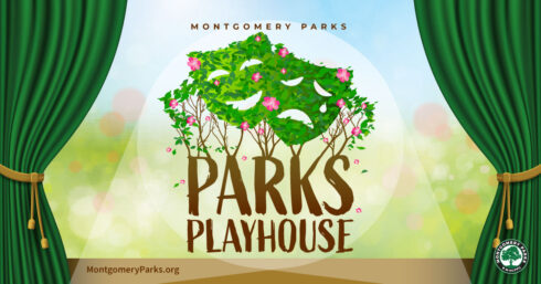 Parks Playhouse text with drama signs above it and green curtains on the side. 