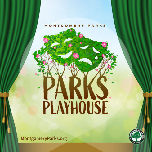 parks playhouse logo with theater masks made out of green leaves sprouting from a tree surrounded by pink blooming flowers