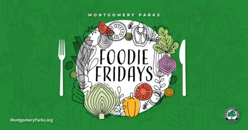 Foodie Fridays Graphic - a fork, knife, and plate with colorful drawings of vegetables