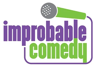 improbable comedy logo with purple and green lettering encompassed by a wired microphone