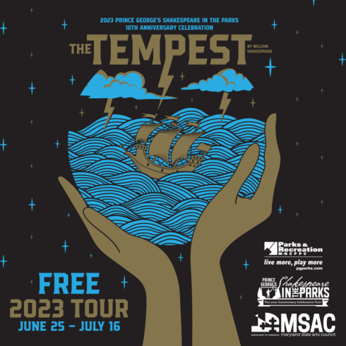 the tempest web graphic with golden hands against a black starry backdrop holding the sea with a ship sailing in it through a storm