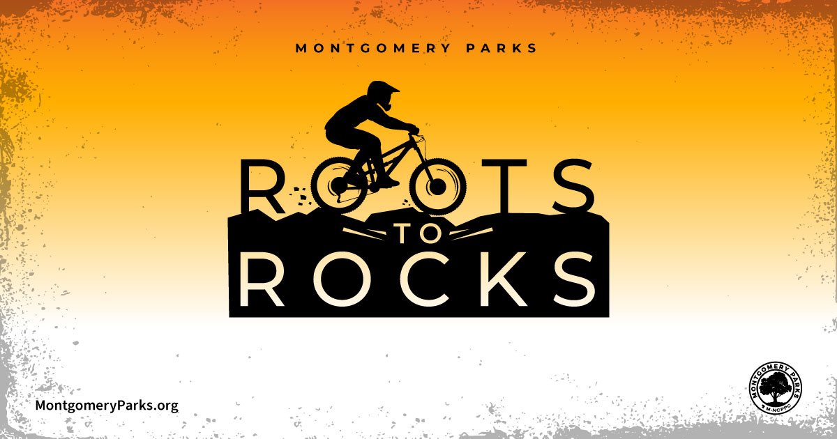 Roots to Rocks graphic features a person on a mountain bike