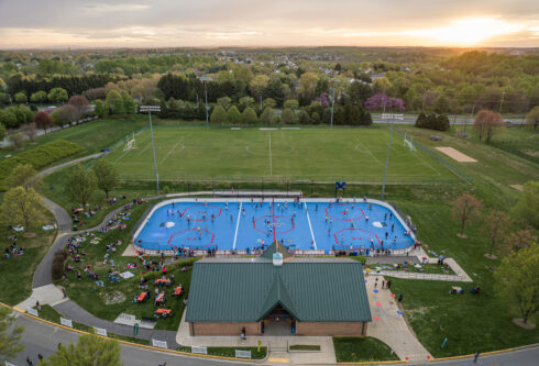 Aerial view of ridge road inline rink and neighboring soccer field with the sunset