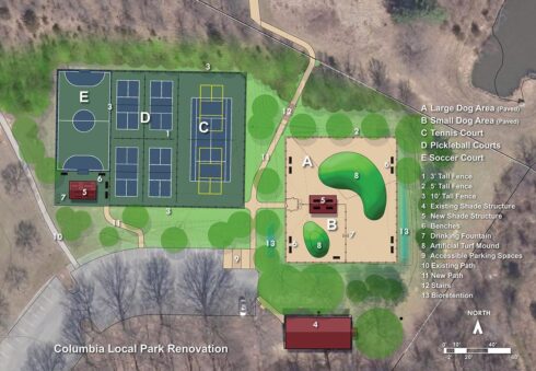 map columbia local park renovation, new path, 3', 5', 10' tall fence, new shade structure, accessible parking spaces