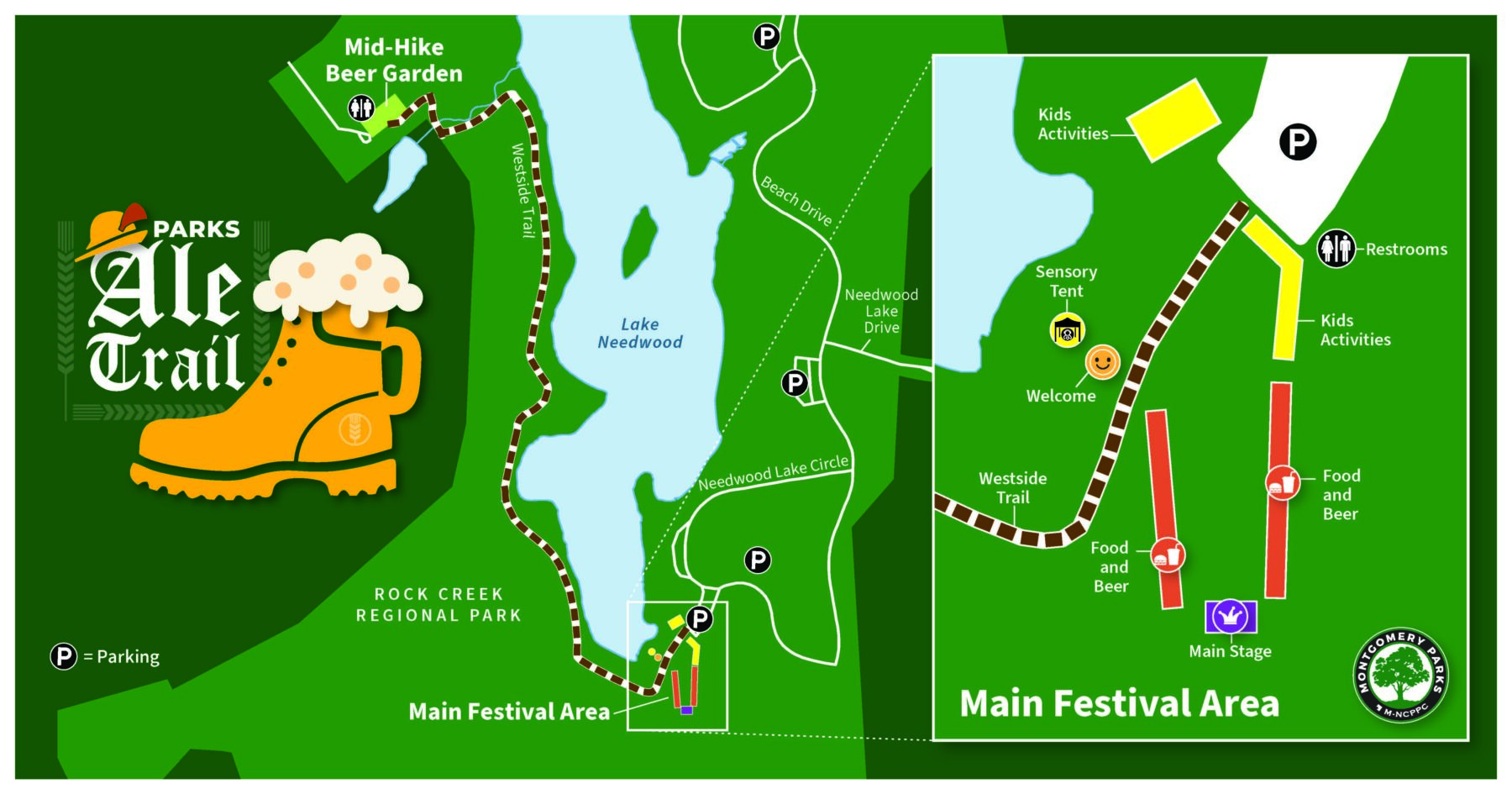 Image shows Ale Trail Parks map view with main festival area, parking places, lake needwood, Mis-hike beer garden, Westside trail, Beach drive, Needwood lake drive, Needwood lake circle, while on the other side a zoom view of Main festival area of Ale Trail Park with location markings of Main stage, Food & Beer parties stage, Kid Activities, Restrooms, Welcome hall, Sensory tent and parking place.”