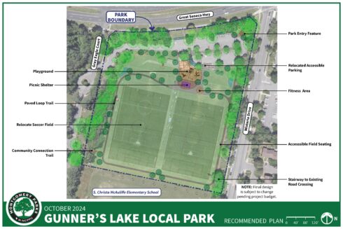 A concept plan for the renovation of Gunner's Lake Local Park which includes a playground, picnic shelter, paved loop trail, relocated soccer field, a community connection trail, park entry feature, relocated accessible parking, fitness area, accessible field seating and a stairway to existing road crossing. 