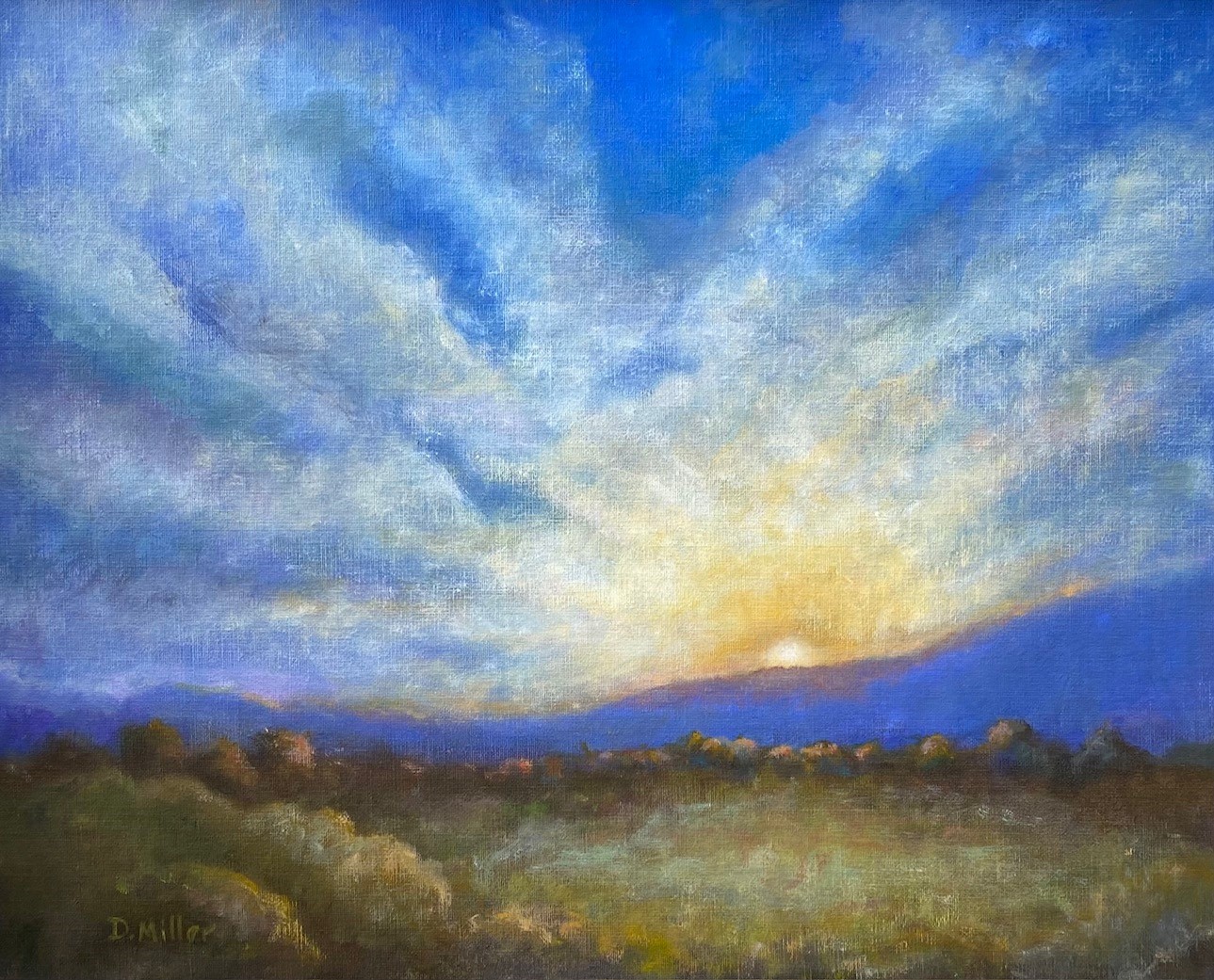 An oil painting titled "Golden Sunset" by Debbie Miller