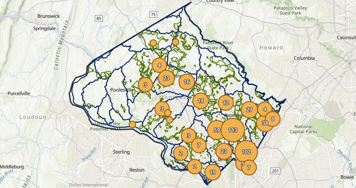 Map of all cleanups that occurred in Montgomery Parks in 2023.