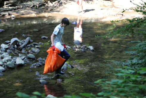 Volunteer removing litter from the stream.