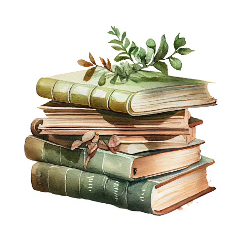 A watercolor drawing of stacked books with leaves sitting on the top.