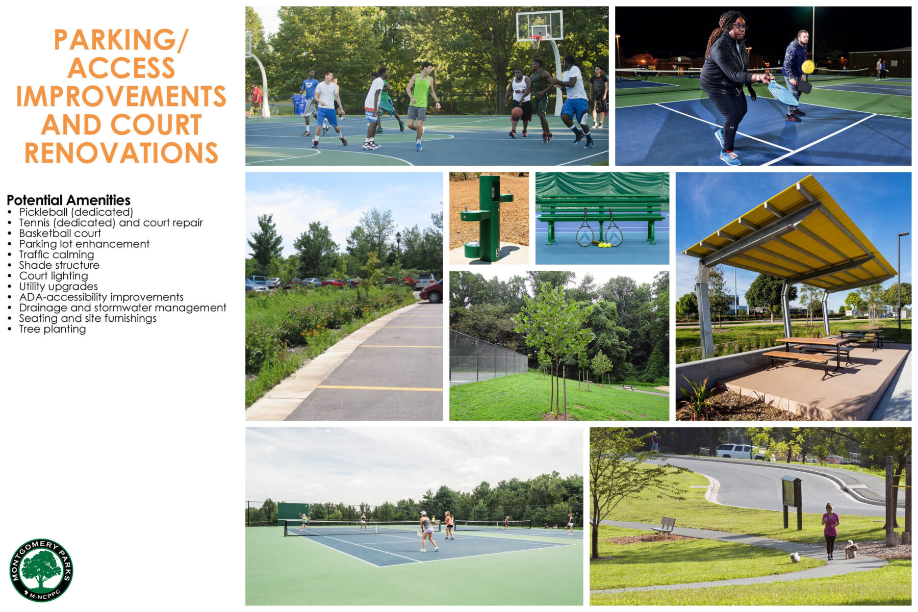 Image showing the potential amenities to be added at the Rubini Complex area, shwoing basketball court, pickleball, upgraded parking lot, water fountain, tennis,  tree plantings, shaded seating area, and walking loop. 